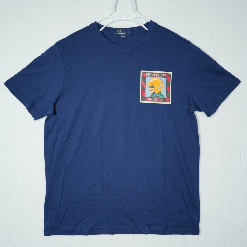 Fred Perry Navy Blue Paddy Smith Graphic T-Shirt Mens Large Racing Helmet 1952